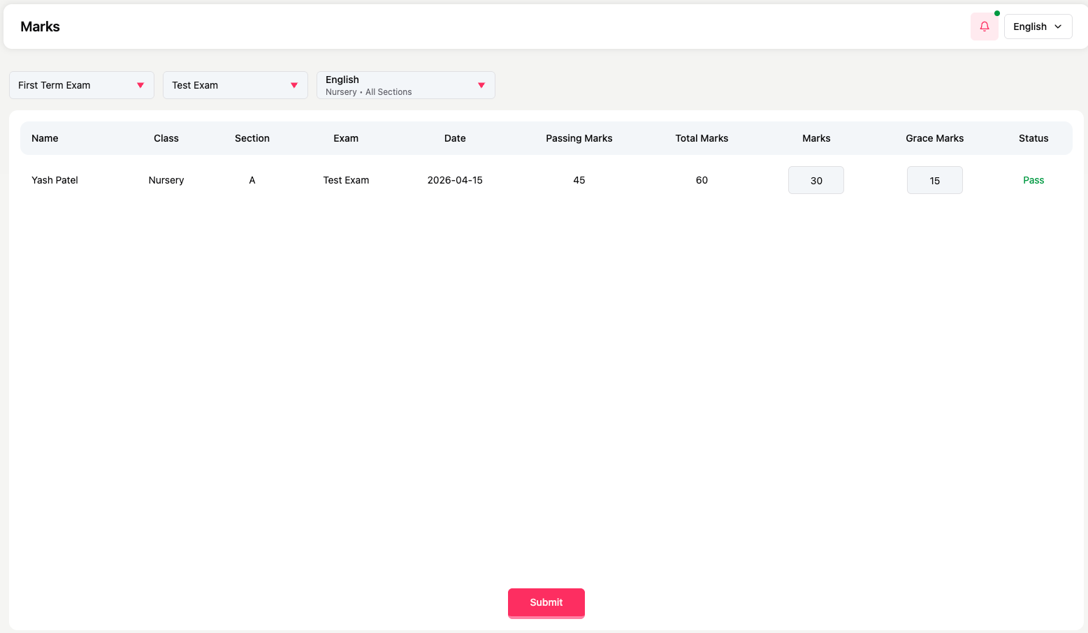 Marks entry screen (dummy image)